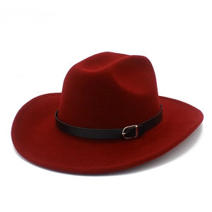 Detail of burgundy wool felt wide brim fedora with a black faux leather belted buckle