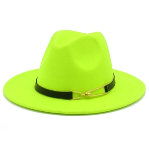 Detail of neon yellow wool fedora featuring black belt strap and gold metal buckle