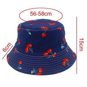 Detailed dimensions of blue cherry bucket hat with 56-58cm circumference and 6cm brim