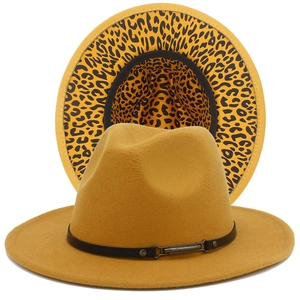 Ginger yellow wide brim Fedora hat with leopard print lining and black belt detail