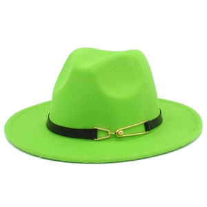 Detailed side view of neon green wool fedora with a black belt and gold metal buckle