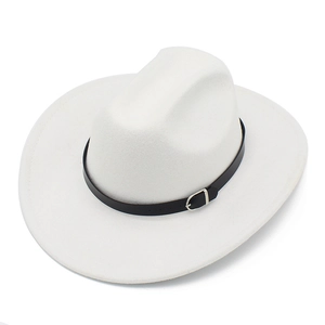 Detail of white wool wide-brim fedora hat with black leather strap and silver metal buckle