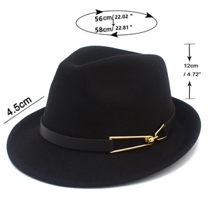 Detailed size specifications for a black wool felt jazz hat with gold buckle and leather band