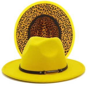 Yellow wool fedora hat with leopard print lining and black faux leather strap detail