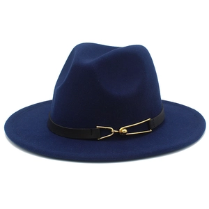 Detailed close-up of dark blue wool fedora hat featuring a black leather belt with gold buckle