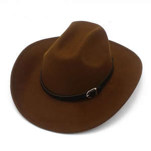 Classic dark brown wool felt wide brim fedora hat with elegant black leather belt and gold buckle