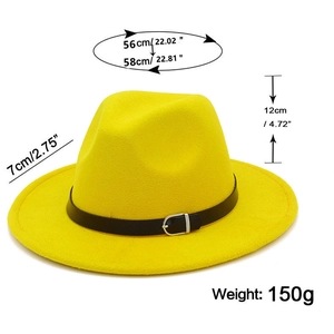 Detailed dimensions of yellow fedora hat showing 7cm brim width and 56-58cm head size