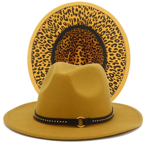 Ginger wool fedora hat with leopard print underbrim and black studded leather band