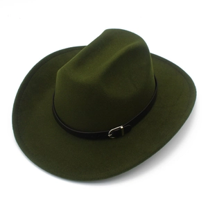 Detailed macro view of dark olive wool fedora with a black leather band and silver buckle