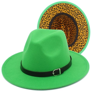 Detail of green wool fedora with leopard print lining and black leather belt buckle