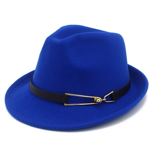 Elegant royal blue wool fedora hat with black leather strap and gold metal buckle