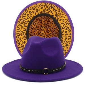 Classic purple wool fedora with leopard print brim lining and studded ribbon band