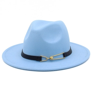 Close-up of light blue felt fedora hat featuring a black leather band and gold metal buckle