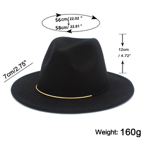 Tabella delle dimensioni per cappello in feltro nero con dettagli su circonferenza