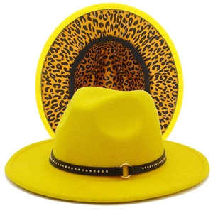 Yellow wool fedora hat with black belt and leopard print underbrim for autumn