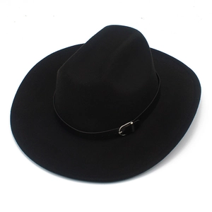 Close-up of black wool fedora hat with a decorative band and silver metal buckle detail