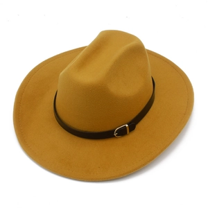 Mustard yellow wool wide brim fedora hat for men and women with leather band decoration