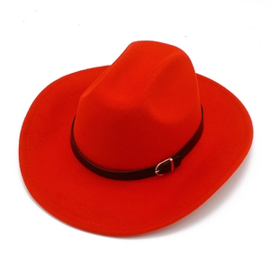 Classic bright red wide brim wool fedora hat with black leather belt and gold buckle