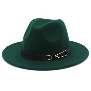 Detail view of dark green wool fedora featuring a black leather belt with gold buckle