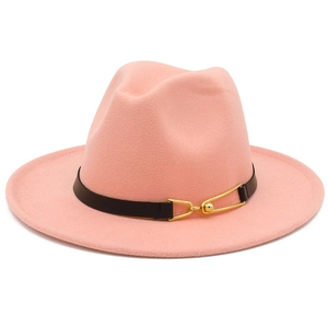 Pink wool fedora hat with black leather belt and gold buckle for women and men