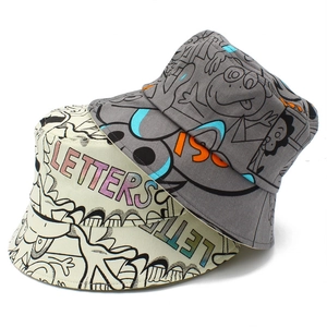 Unisex Cotton Graffiti Bucket Hat Cartoon Print Sun Protection Breathable Double Sided Foldable Outdoor Travel Street Sun Hat