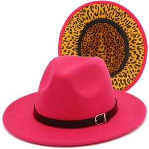 Rose red wool fedora hat with black leather belt and leopard print brim underside