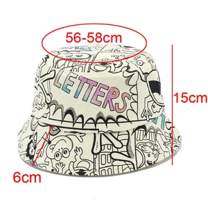 Detail of graffiti cotton bucket hat showing size measurements 56-58cm and 15cm height