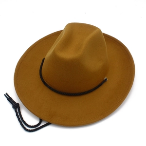 Chapeau de cowboy en feutre jaune moutarde avec cordon coupe-vent pour randonnée et extérieur