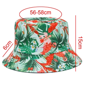Detail showing tropical bucket hat dimensions 56-58cm with floral and flamingo print