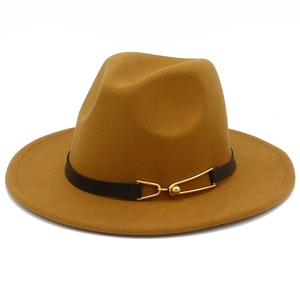 Classic camel wool fedora hat with a black leather belt and gold buckle for autumn