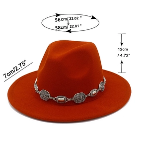 Detailed dimensions of orange wool fedora with vintage silver chain and 7cm wide brim