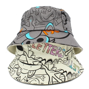 Double-sided cotton bucket hat with colorful graffiti prints and a creative cartoon design