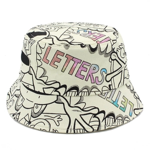 Reversible cotton bucket hat with colorful graffiti letters and cartoon character prints