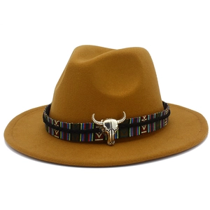 Chapeau Fedora Western Cowboy Homme Femme Style Ethnique Bande Tissée Décor Crâne de Taureau Large Bord Chapeau Jazz Panama