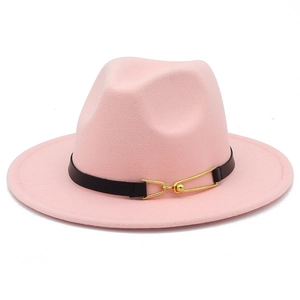 Detail of the light pink wool fedora hat featuring a black leather belt with gold metal buckle