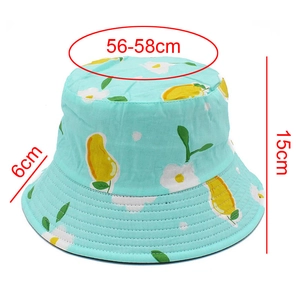 Detailed dimensions of light green cotton bucket hat with yellow mango and floral prints