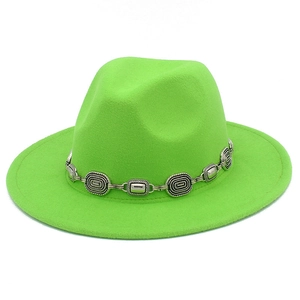 Detail of neon green fedora hat featuring a vintage textured silver metal chain band