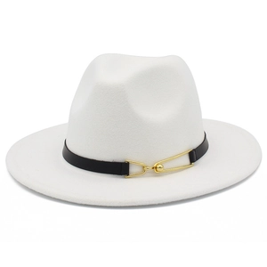Detailed macro view of white wool felt fedora with black leather belt and gold metal buckle