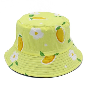 Yellow cotton bucket hat with floral and mango print for outdoor sun protection