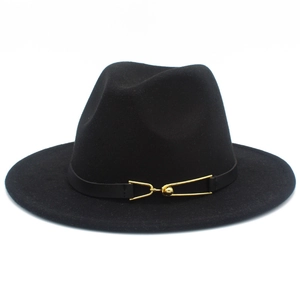 Close-up of black wool fedora featuring a stylish leather band and gold buckle detail