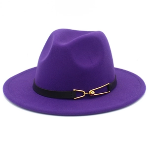 Detail of purple wool felt fedora featuring a black leather belt with gold metal buckle