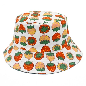 Women Cute Cotton Fruit Print Double Sided Reversible Bucket Hat Strawberry Apple Sun Protection Fisherman Hat For Travel