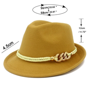 Detail view of mustard yellow felt fedora with rope trim and size measurements