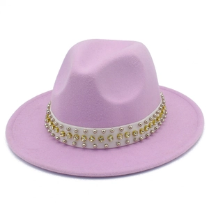 Chapeau fedora en feutre lavande avec perles et rivets, élégant chapeau en laine à bord large