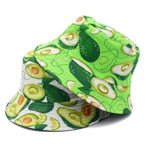 Cartoon Avocado Print Cotton Bucket Hat Sun Protection Breathable Outdoor Beach Fisherman Cap For Women Men Green White