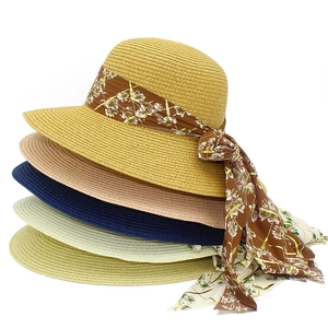 Women Wide Brim Straw Sun Hat With Floral Ribbon Bow Elegant Packable Paper Straw Beach Hat For Summer Holiday Travel