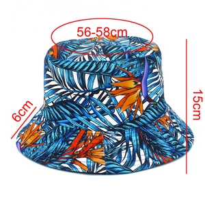 Detail view of cotton bucket hat showing 15cm height and 56-58cm circumference specs
