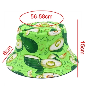 Detailed size chart for cotton avocado bucket hat showing brim, height, and head circumference