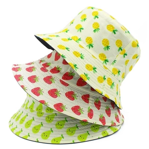 Three cotton sun hats with pineapple strawberry and pear fruit prints for summer vacation