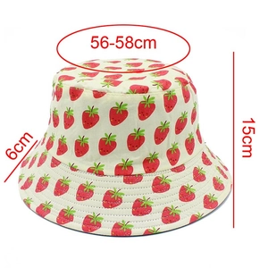 Detailed size specifications of cotton bucket hat with strawberry print 56-58cm circumference